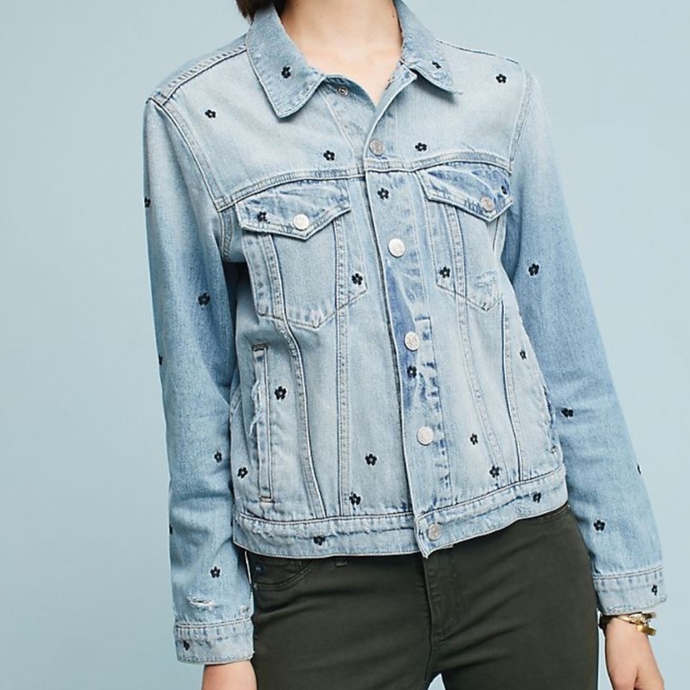 NEW AMO Pop Floral Embroidered Denim Jean Jacket L Z154-10